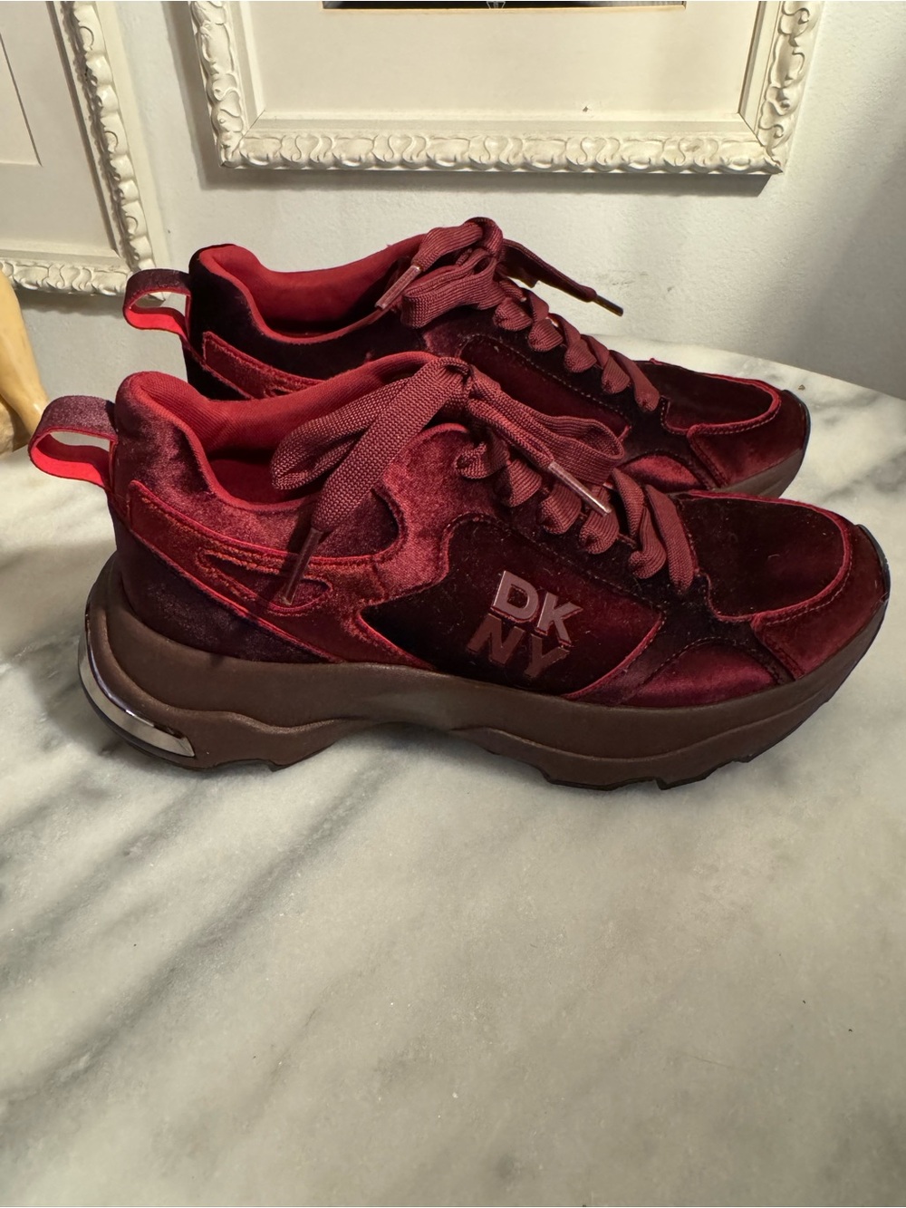 One of a KIND: DKNY Burgundy Velvet Platform Sneakers